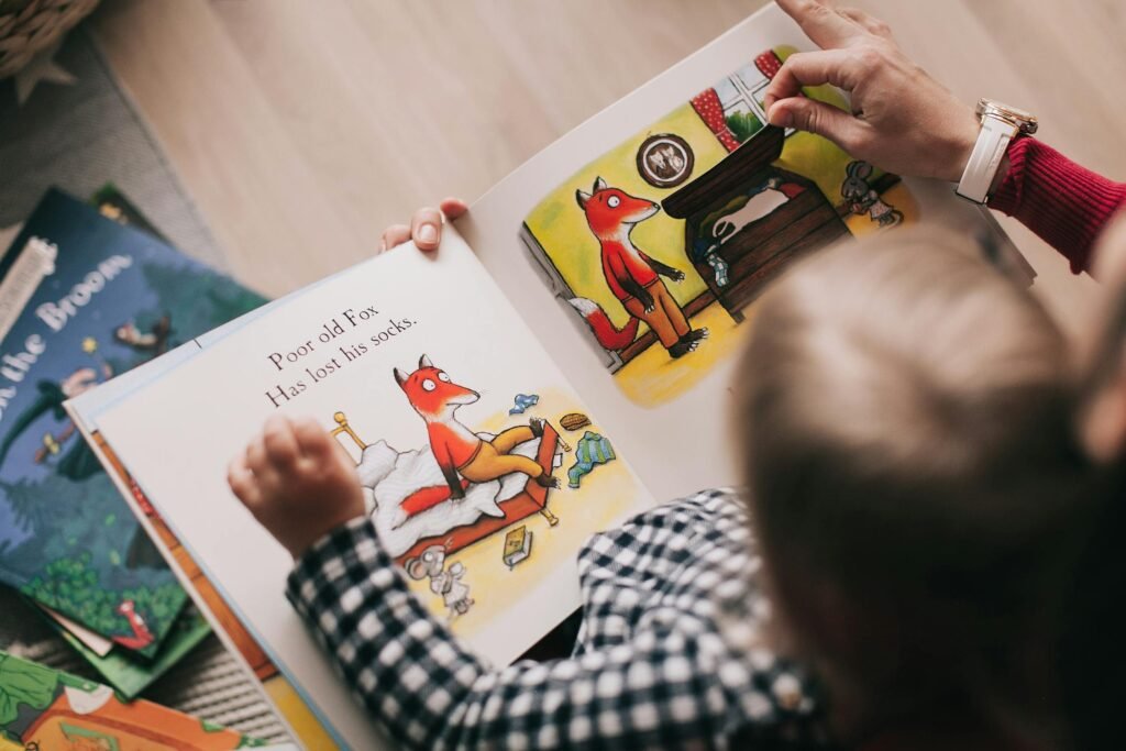 Child engaged in reading a colorful illustrated storybook