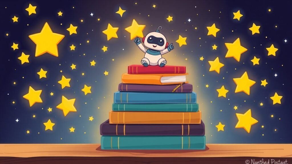 Colorful cartoon illustration of storybooks with golden stars and a friendly robot character representing gamification in reading