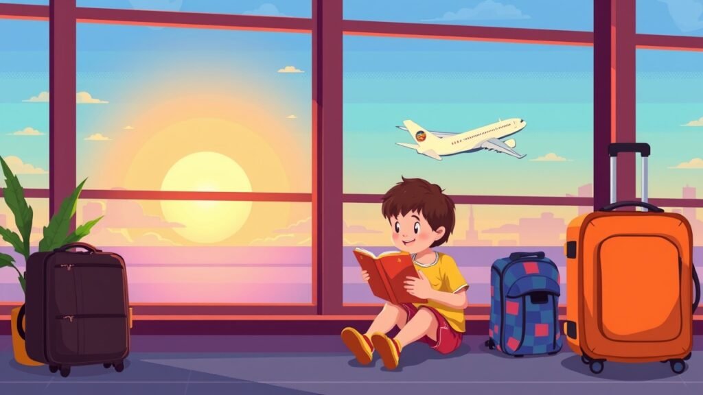 Pixel art of a child reading while traveling on a tablet at an airport window